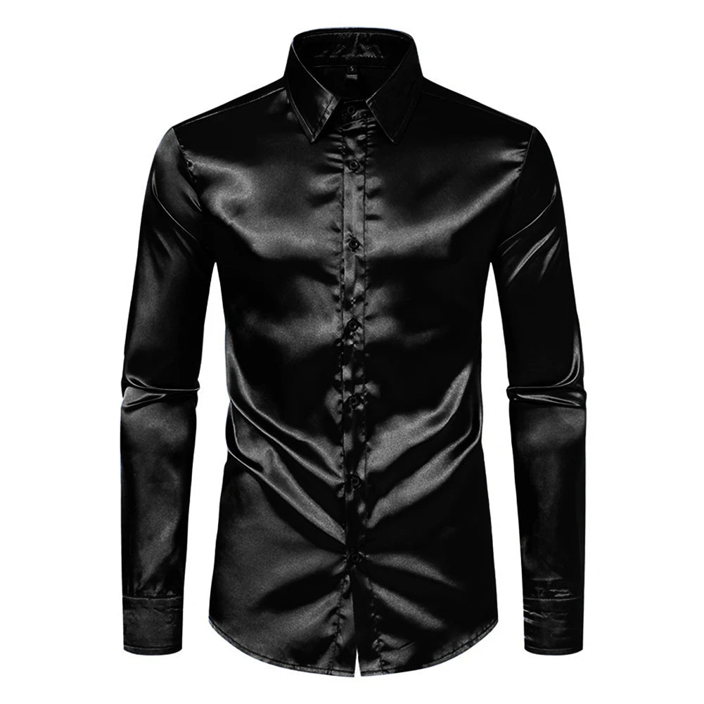 Men's Casual Satin Silk Shirts Single Breasted Button Lapel Collar Dress Shirt Slim Fit Fashion Party Long Sleeve Tops Clothing