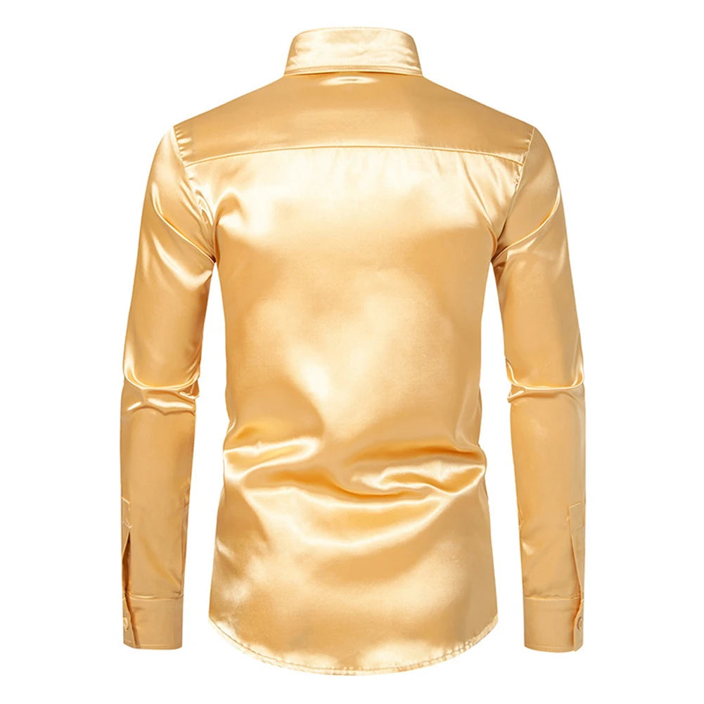 Men's Casual Satin Silk Shirts Single Breasted Button Lapel Collar Dress Shirt Slim Fit Fashion Party Long Sleeve Tops Clothing