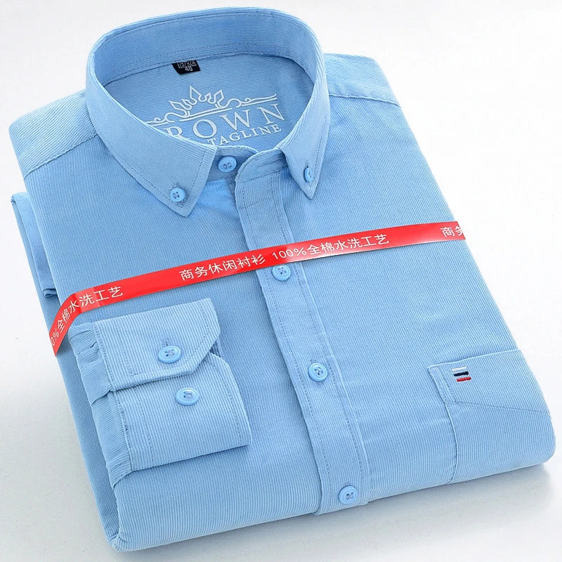 Cotton Corduroy Warm Shirts For Men New Autumn Winter Fashion Solid Color S-7XL Businessman Long Sleeve Smart Dress Casual Shirt