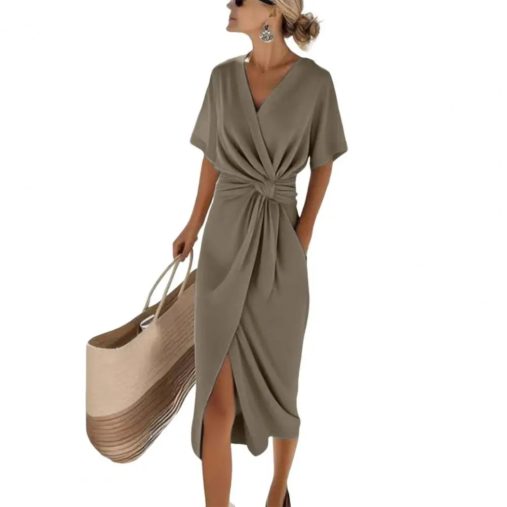 Women's Dresses Short Sleeve Elegant Formal Dress Casual V Neck Long Dress Loose Solid Color Party Gown for Vacation Cocktail