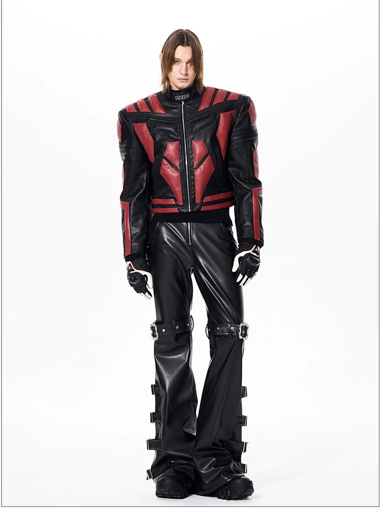 Mauroicardi Spring Autumn Cool Handsome Long Black Pu Leather Flare Pants for Men Rivet Luxury Designer Alternative Emo Clothes