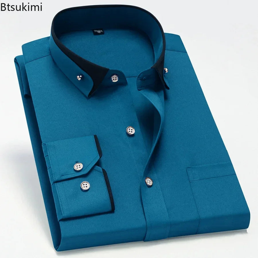 2026 Men's Long Sleeve Business Dress Shirts Solid Formal Button-Down Social Collar Camisa Elastic Anti-wrinkle Casual Men Shirt