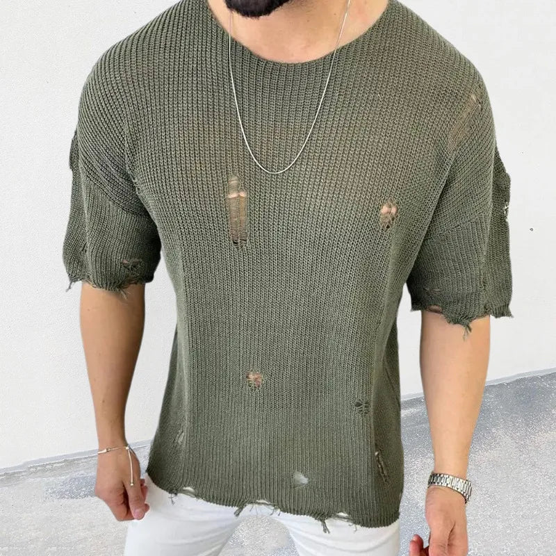 2023 Summer Men Sweater Thin Short Sleeve O-neck Knitted T-shirt Tops Casual Hollow Loose Knit Shirt Pullover Male Streetwear