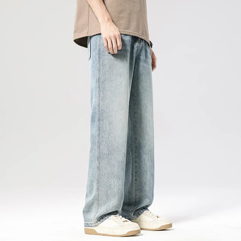 Autumn Casual Men's Straight Jeans Fashion Loose Vintage Elastic Waist Trousers Light Blue Personality Wide Pants Denim Male