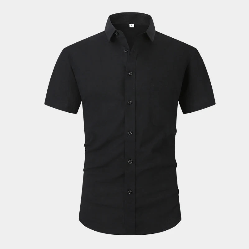 Anti-Wrinkle Stretch Slim Elasticity Fit Male Dress Business Basic Casual Short Sleeved Men Social Formal Shirt USA SIZE S-2XL