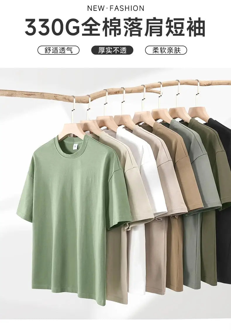 DIY Custom LOGO Thick Neck Drop Shoulder Big Size Style 330gsm High Qualtity Oversize Heavy Weight T-shirt for Men Streetwear
