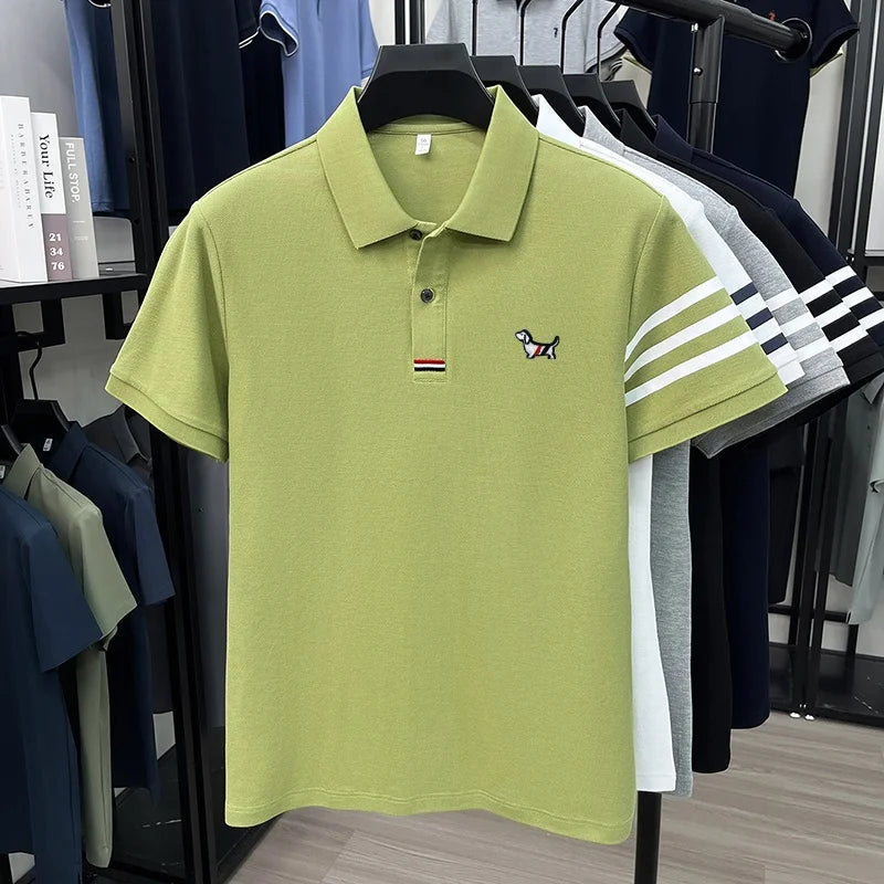 100% Cotton Summer Men's Short-Sleeved Polo Shirt Lapel Button Striped Print Business Casual Golf High-Quality Men's Clothing