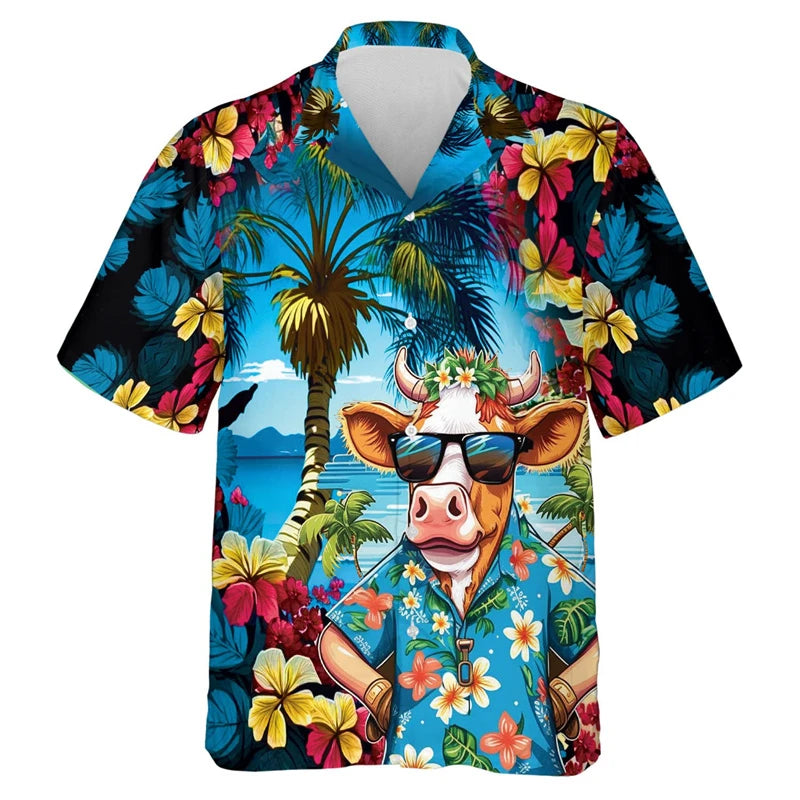 Funny Cool Cow Shirts Men's Clothing Lapel Button Shirt Hawaiian 3D Printed Casual Fashion Personality Pattern Trendy Blouse