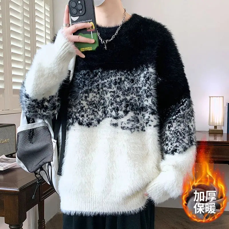 Autumn Winter Men's O Neck Sweater Knitwear Warm Imitation Mink Hair Pullover Loose Gradient Color Casual Plush Thicken Sweater