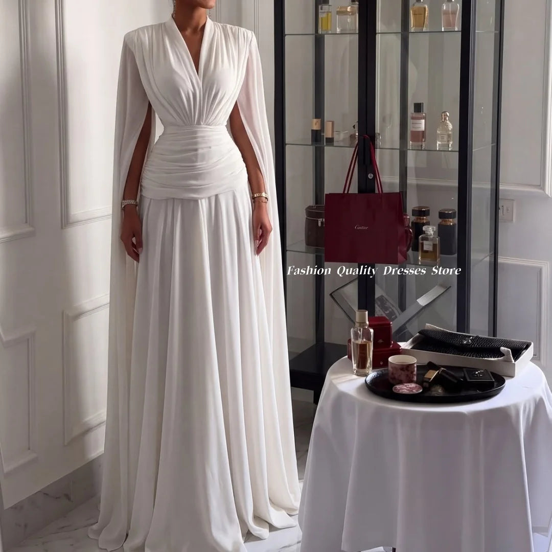 Evening Dress for Women White V Neck Cape Sleeve Chiffon Long Gown Ruched Waist Elegant Formal Party Maxi Dress Customized