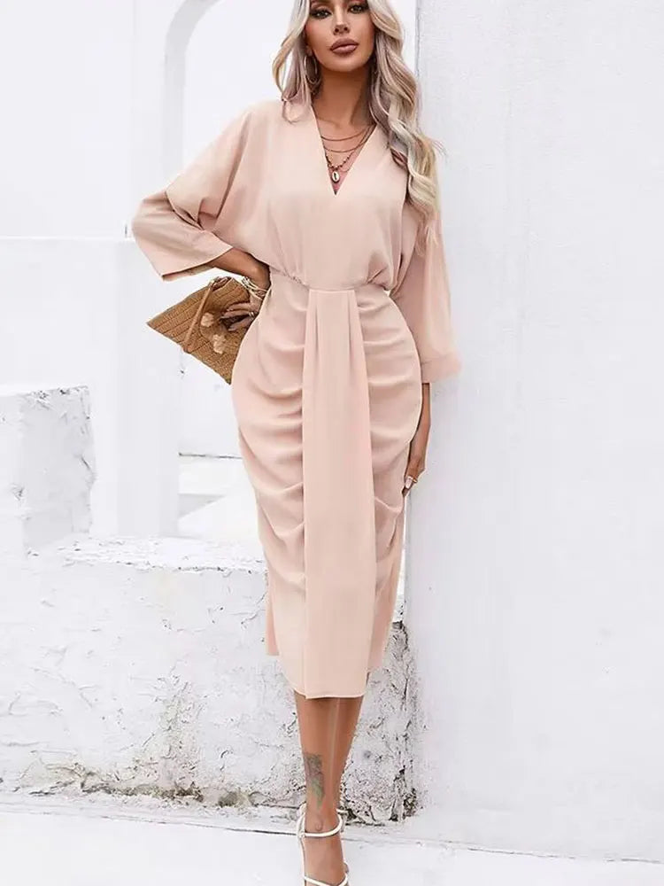 HH Dress Women Elegant Solid Waist Fitted Draped Dress Slim V Neck Half Sleeve Dresses Summer Woman Evening Dress Vestidos