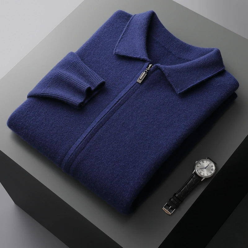 Men's Cardigan 100% Merino Wool Knitted Zippered Jacket 2023 Autumn and Winter Thickened Long Sleeved Men's Sweater Lapel Shirt