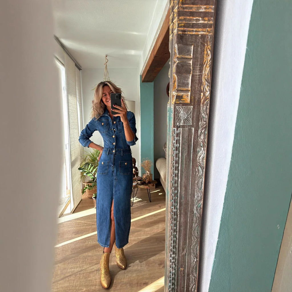 Denim Dresses Mid Length Dress Women Single Breasted Slim Fit Streetwear Turn Down Collar Elegant Long Party Club Vestidos Y2k