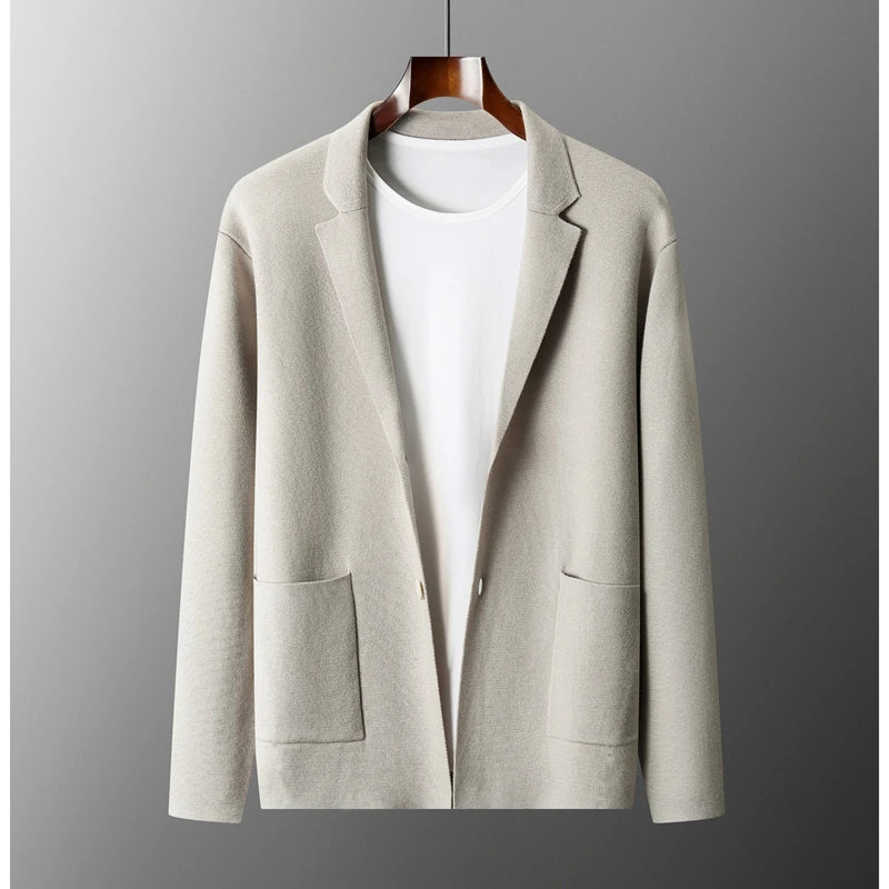100% Pure Wool Cardigan Men's Spring And Autumn High-End Outerwear Sweater Casual Small Suit Jacket Olive Collar Sweater
