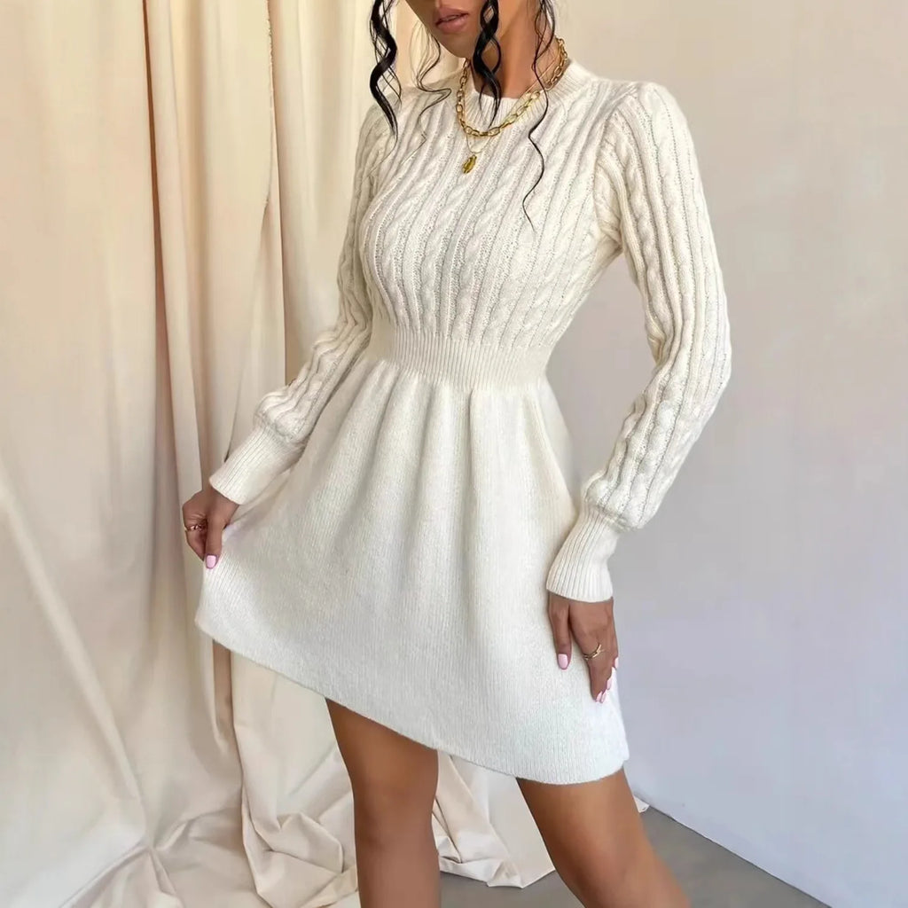 Knitted Dress Women 2025 Autumn Winter New Waist-tied Round Neck Ribbed Pattern Dress