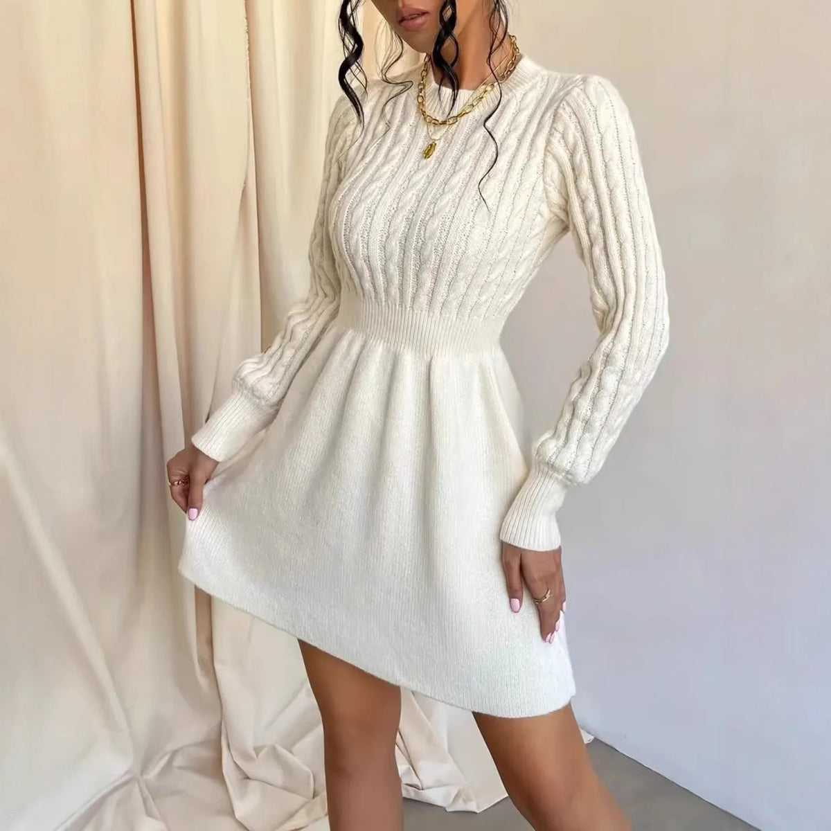 Knitted Dress Women 2025 Autumn Winter New Waist-tied Round Neck Ribbed Pattern Dress
