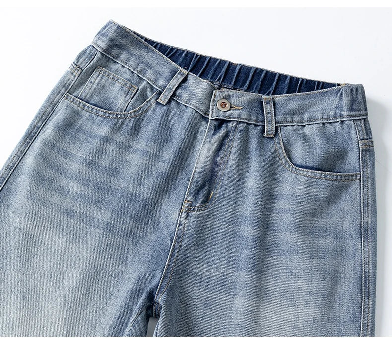 Autumn Casual Men's Straight Jeans Fashion Loose Vintage Elastic Waist Trousers Light Blue Personality Wide Pants Denim Male