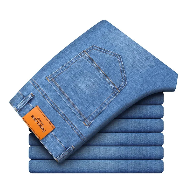 2026 Summer Thin Men's Cotton Jeans New Fashion Gray Elastic Straight Business Casual Pants Comfortable Brand Trousers