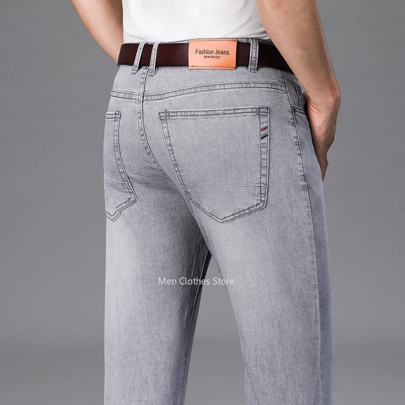 2026 Summer Thin Men's Cotton Jeans New Fashion Gray Elastic Straight Business Casual Pants Comfortable Brand Trousers