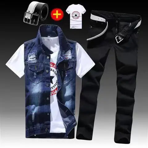 Spring Autumn Mens Thin sleeveless Denim Coat Pencil Pants T-shirts 3pcs Set Jacket Trousers Casual for Male Slim Fit