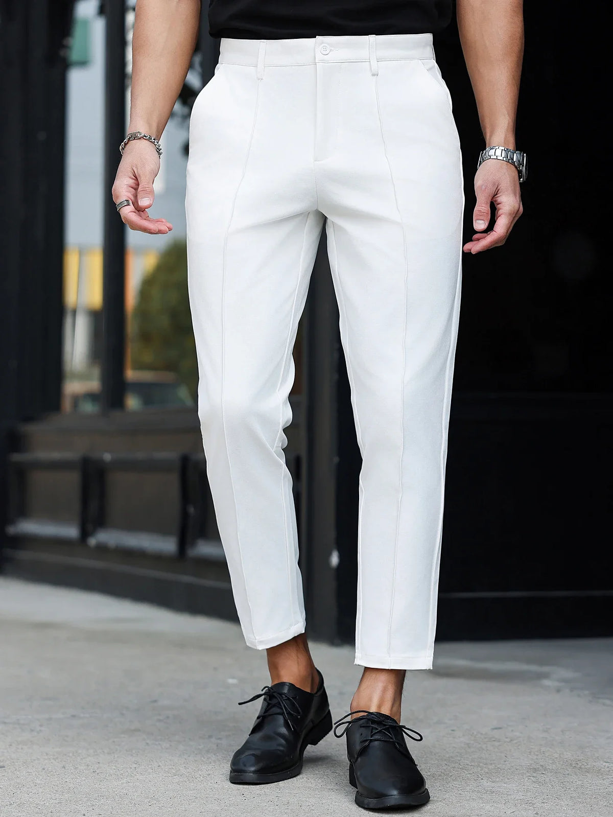 Men's Ankle Length Dress Pants 100% Polyester Slim Fit Formal Business Cropped Trousers