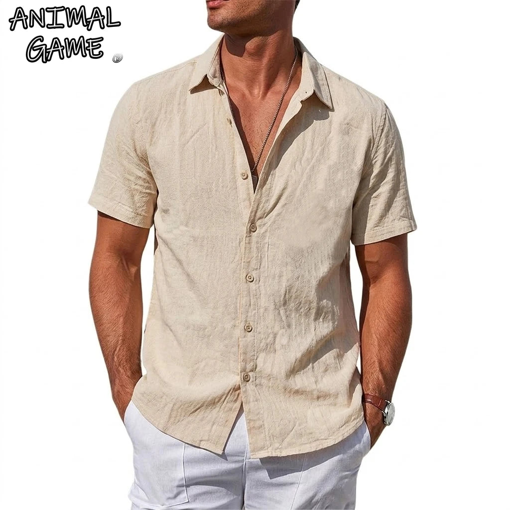 Men's Short Sleeve T-shirt Cotton Linen Shirts Casual Tshirts Man Solid Color Lapel Summer Shirts Male Breathable Hawaiian Shirt