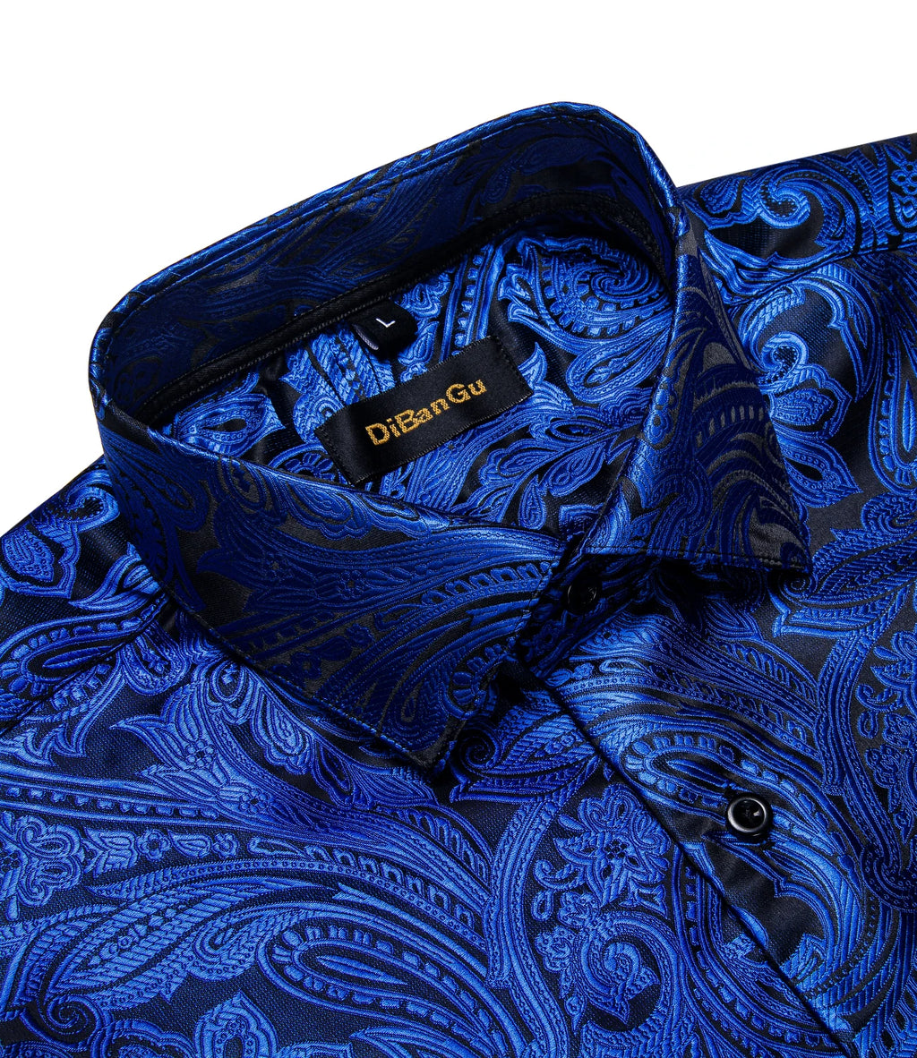 Brand New Men's Royal Blue Business Shirts Luxury Fashion Paisley Long Sleeve Turn-Down Collar Social Shirt Male Casual Blouse