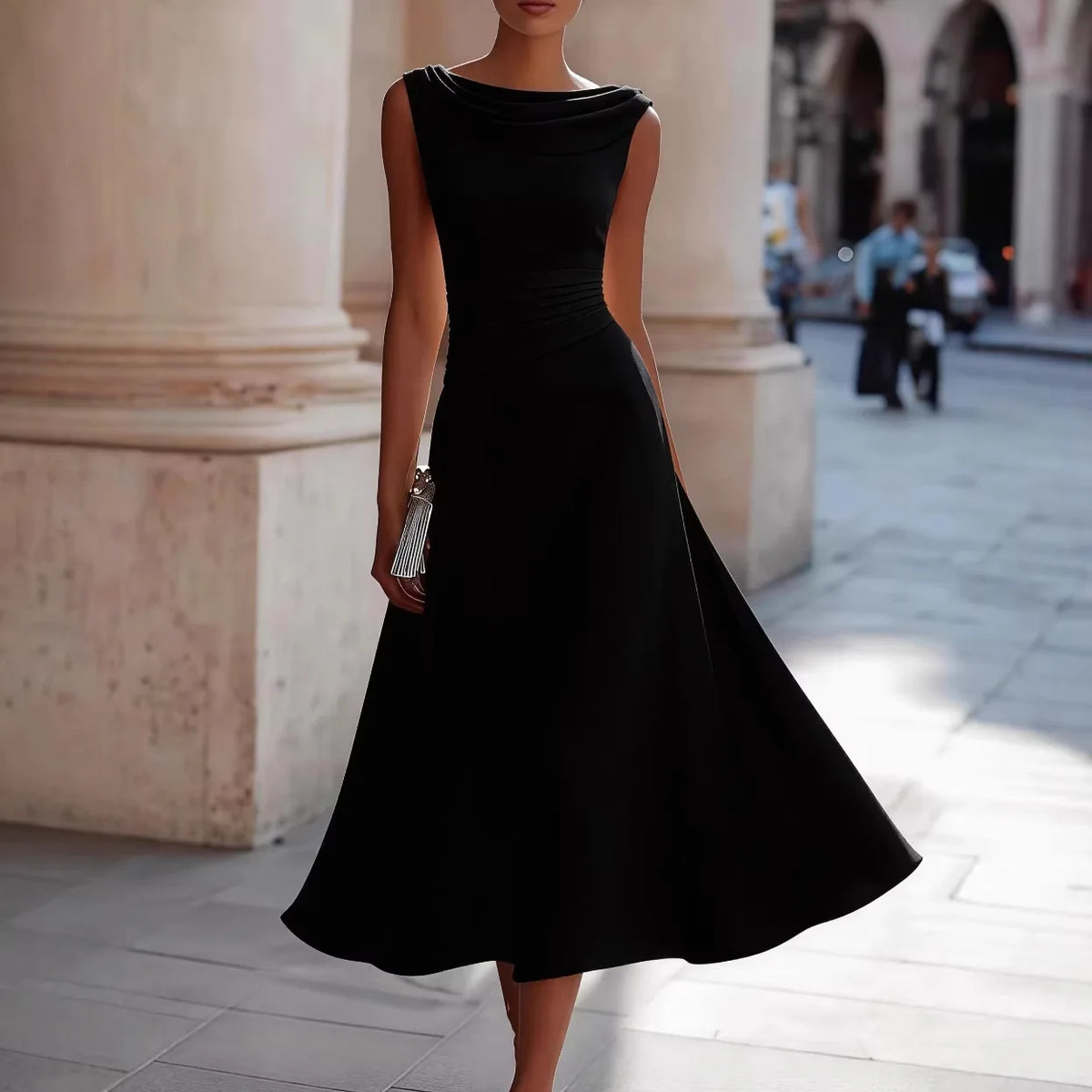 Women Draped Cowl Neck Sleeveless Waist Ruched Midi Dress Elegant Formal Wedding Guest Swing Dress