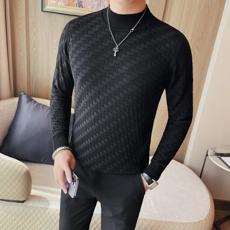 Men's Autumn Winter Half High Collar Jacquard Woven Sweater New Long Sleeve Slim Fit Knitted Sweater Pullers 4XL-M Homme