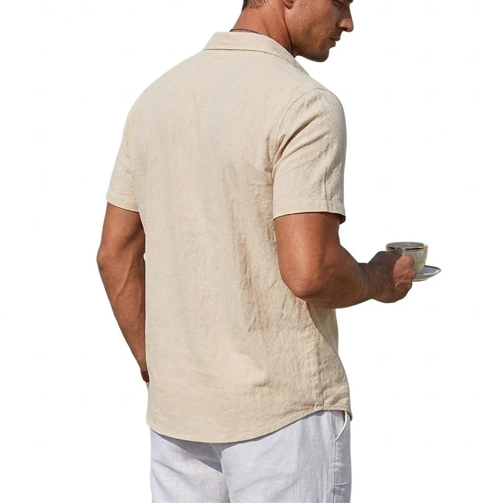 Men's Short Sleeve T-shirt Cotton Linen Shirts Casual Tshirts Man Solid Color Lapel Summer Shirts Male Breathable Hawaiian Shirt