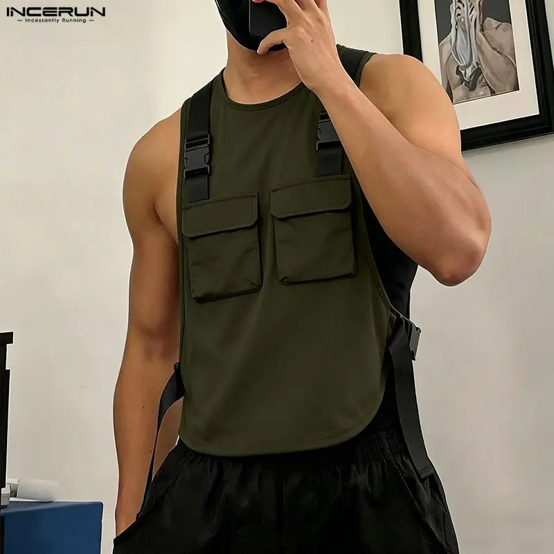 INCERUN Men's Tank Tops Solid Color O-neck Sleeveless Pockets Male Vests Summer Streetwear Loose 2026 Fashion Casual Men Clothes