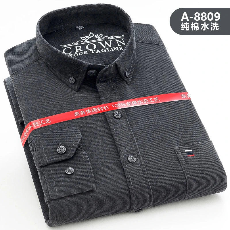 Cotton Corduroy Warm Shirts For Men New Autumn Winter Fashion Solid Color S-7XL Businessman Long Sleeve Smart Dress Casual Shirt