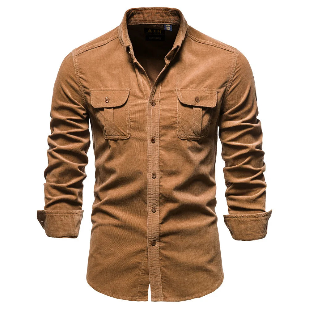 Quality New Single Breasted 100% Cotton Men's Shirt Business Casual Fashion Solid Corduroy Men Shirts Autumn Slim Dress Shirts