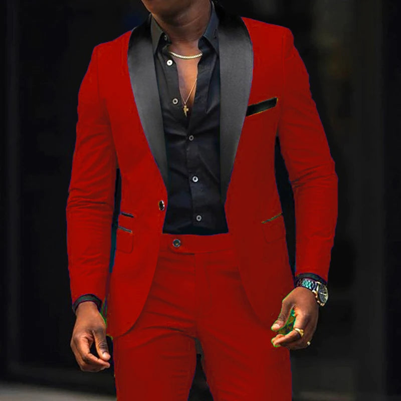 Fashion Men's Suits 2 Pieces Stretch Fabric Double Slit Solid Color Business Slim Dress Blazers Jacket Suit Coat Pants Trousers