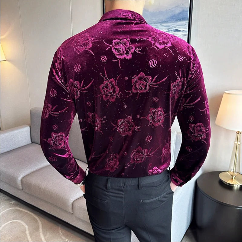Men's Long Sleeve Velvet Flower Shirt New Luxury Printed Business Casual  Dress Shirts Formal Social Party Turn Down Collar Tops