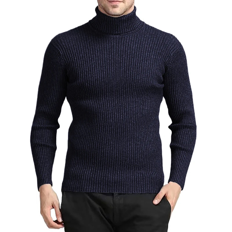 New Men's Turtleneck Sweaters Autumn Knitted Striped Streetwear Warm Long Sleeved Pullover Breathable Solid Color Basic Coat