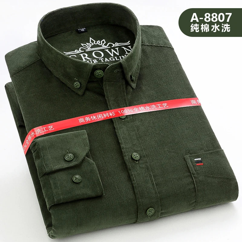 Cotton Corduroy Warm Shirts For Men New Autumn Winter Fashion Solid Color S-7XL Businessman Long Sleeve Smart Dress Casual Shirt
