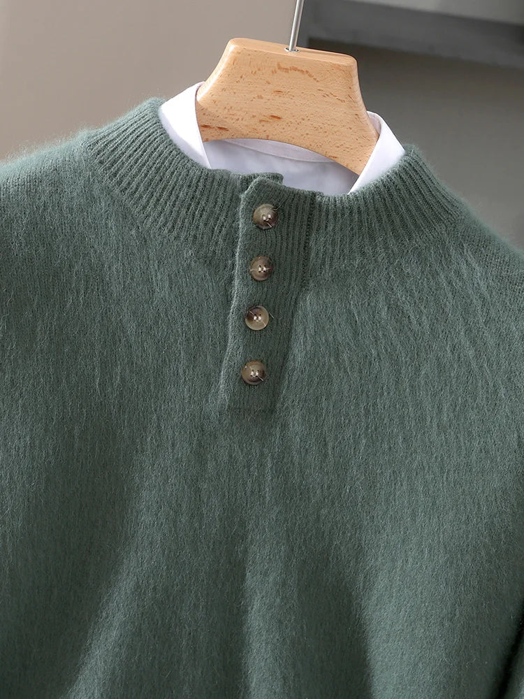 Men 100% Mink Cashmere Sweater Mock Collar Pullover with Button Autumn Winter Thicken Knitwear Smart Casual Skin Kindly Clothing