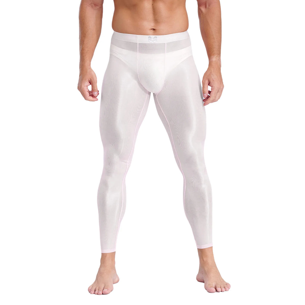 Mens Stretchy Compression Pants Skinny Sweatpants See Through Bulge Pouch Tights Ice Silky Yoga Gym Fitness Leggings Underwear