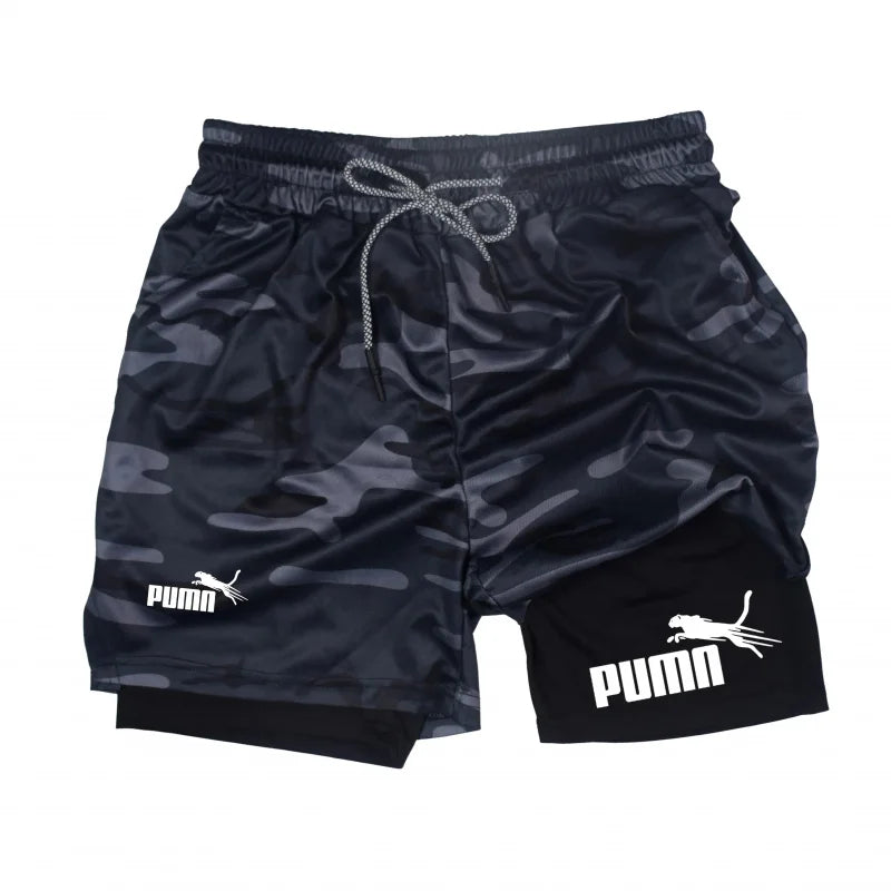 Men's Quick Dry Breathable 2-in-1 Double Layer Sports Shorts, Elastic Compression Liner Athletic Shorts