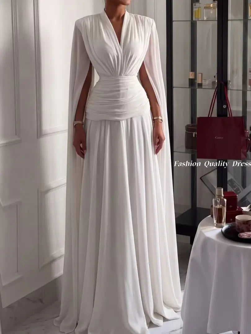 Evening Dress for Women White V Neck Cape Sleeve Chiffon Long Gown Ruched Waist Elegant Formal Party Maxi Dress Customized