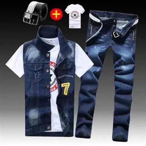 Spring Autumn Mens Thin sleeveless Denim Coat Pencil Pants T-shirts 3pcs Set Jacket Trousers Casual for Male Slim Fit