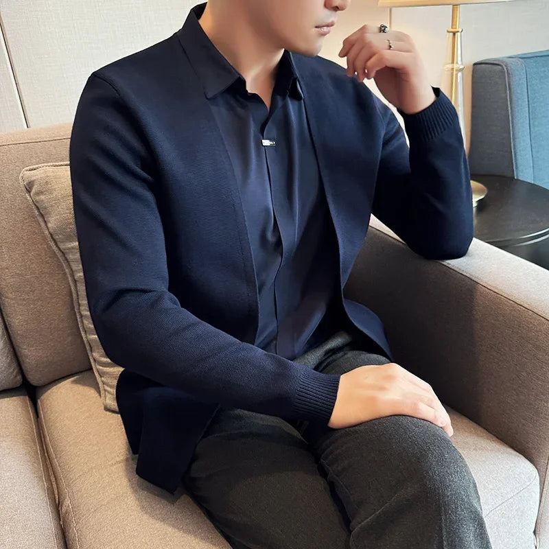 Men Fake Two Pieces Cardigan Sweater 2024 Autumn New Shirt Collar No Trace Casual Sweaters Slim Fit Pull Homme 4XL Mens Clothing