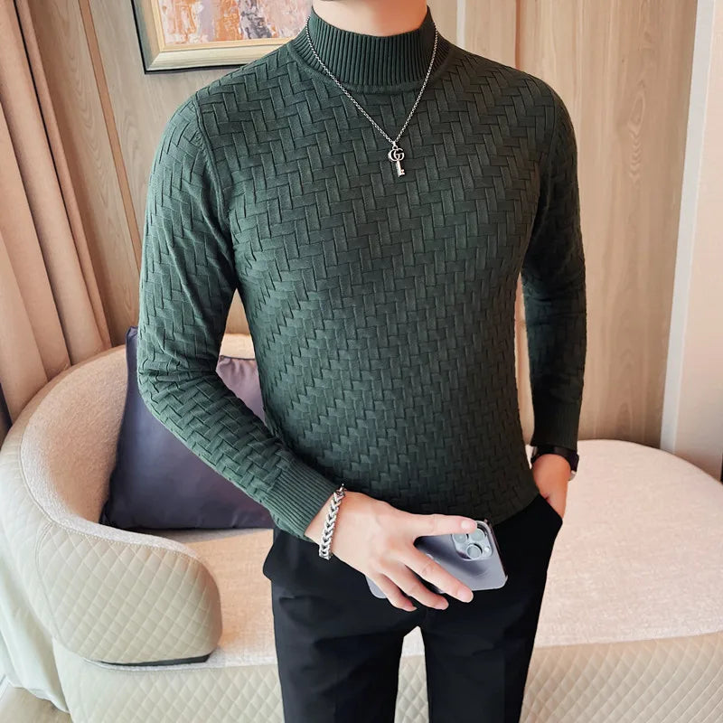 Men's Autumn Winter Half High Collar Jacquard Woven Sweater New Long Sleeve Slim Fit Knitted Sweater Pullers 4XL-M Homme