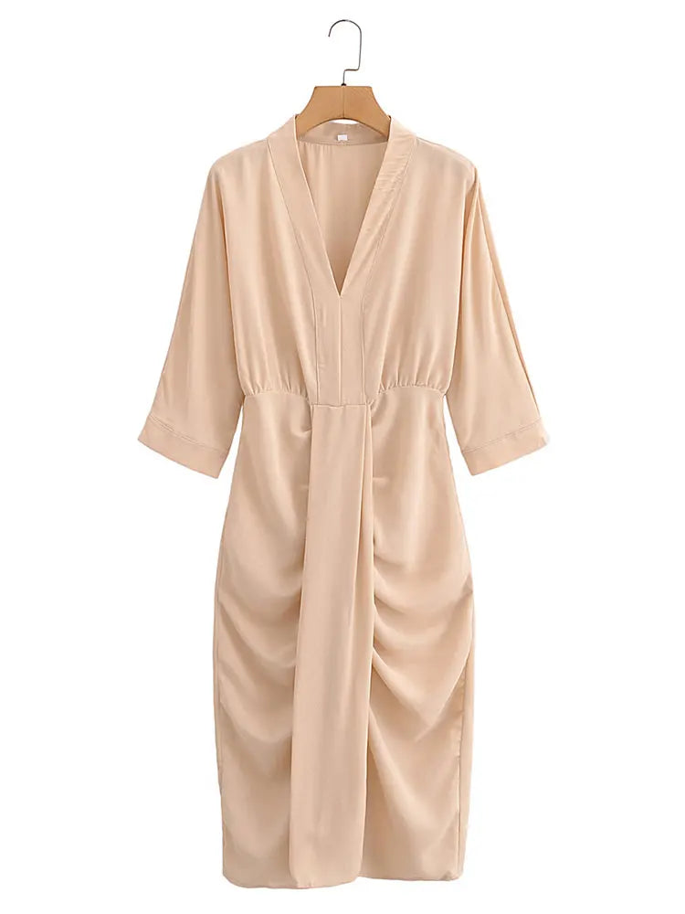 HH Dress Women Elegant Solid Waist Fitted Draped Dress Slim V Neck Half Sleeve Dresses Summer Woman Evening Dress Vestidos