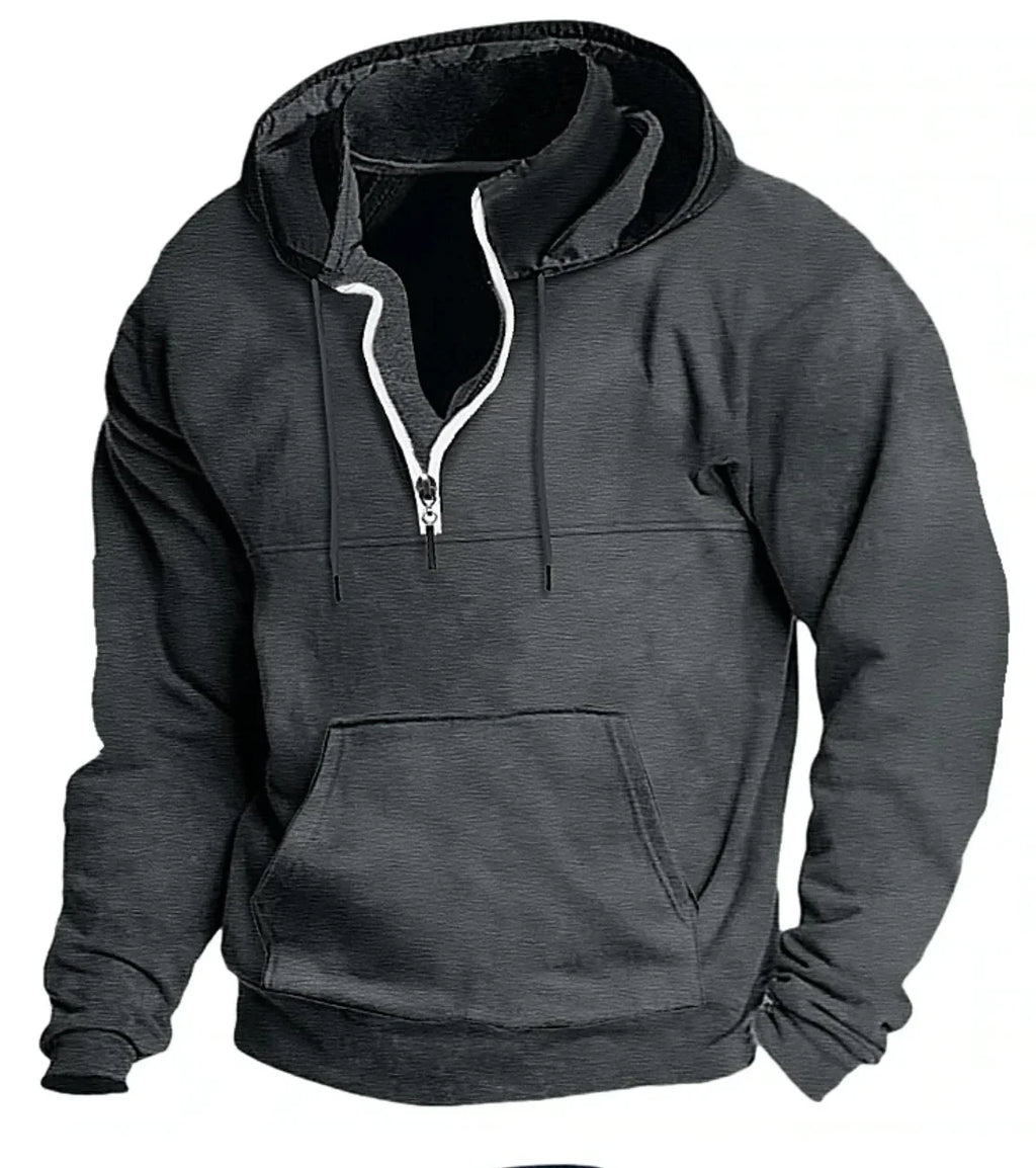 2026 Fashion Autumn/Winter New Hoodie Men's Casual Loose Stand Collar Solid Color Sports Hoodie Men's Half Zipper Street Wear