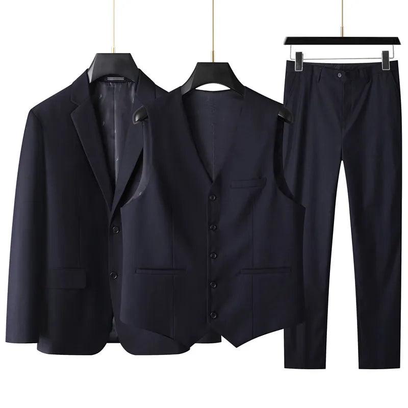 High-End Large Size Men's Three-Piece Suit Set - Business Formal Wedding Dress Coat Vest Trousers Combo for Plus Size Men