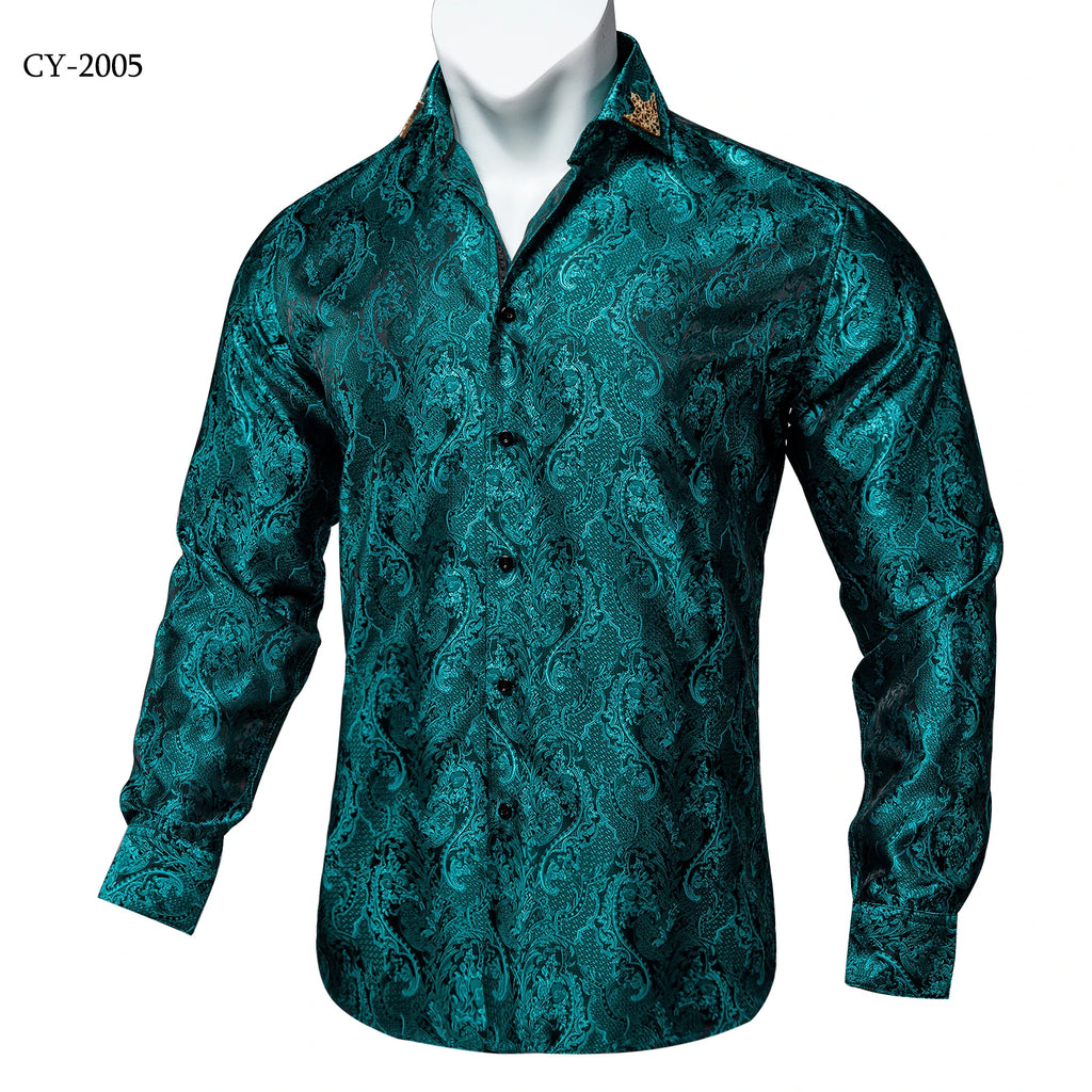 Brand New Men's Royal Blue Business Shirts Luxury Fashion Paisley Long Sleeve Turn-Down Collar Social Shirt Male Casual Blouse