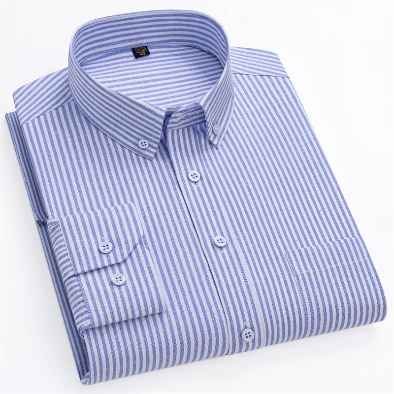 New Fashion Men's Oxford Shirts Long Sleeves Cotton Stripe Thin Soft Regular Fit Formal Shirt Pocket Social Blouse Male Clothing