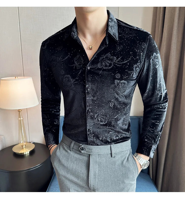 Men's Long Sleeve Velvet Flower Shirt New Luxury Printed Business Casual  Dress Shirts Formal Social Party Turn Down Collar Tops